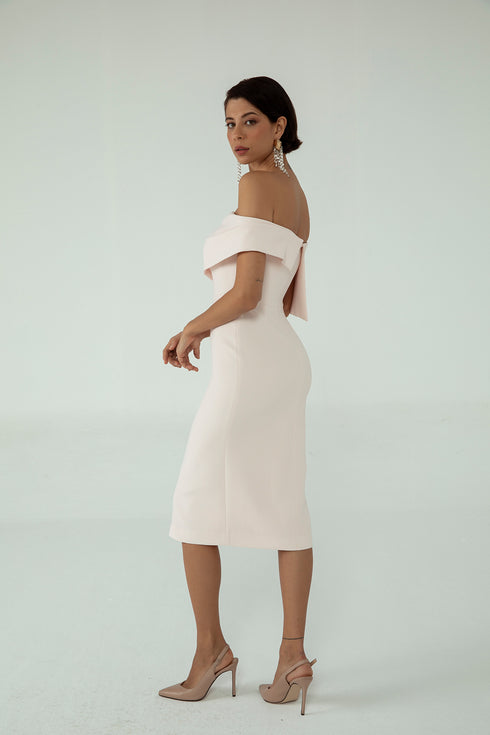 ASYMMETRICAL SHOULDER DETAIL, FRONT SLIT PENCIL DRESS - Barrus London